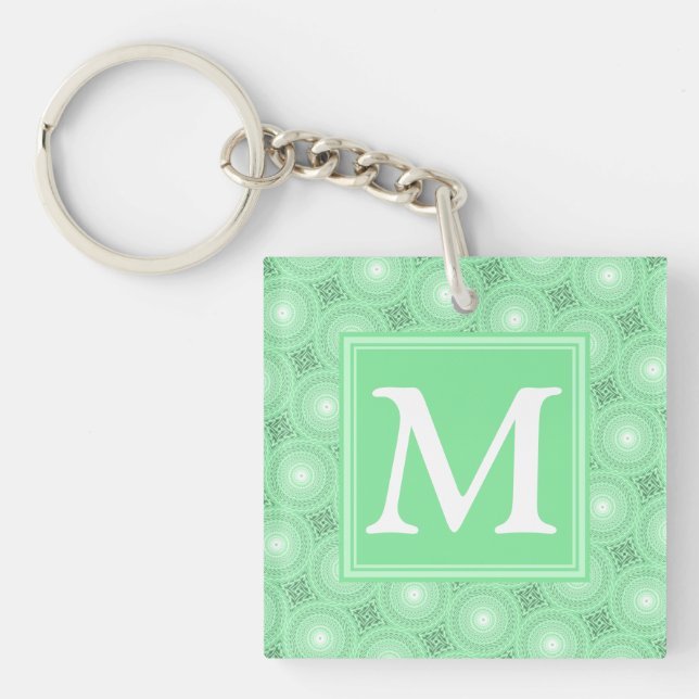 Monogram spring green circles pattern keychain (Front)