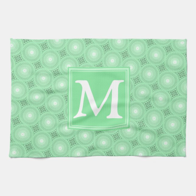 Monogram spring green circles pattern kitchen towel (Horizontal)