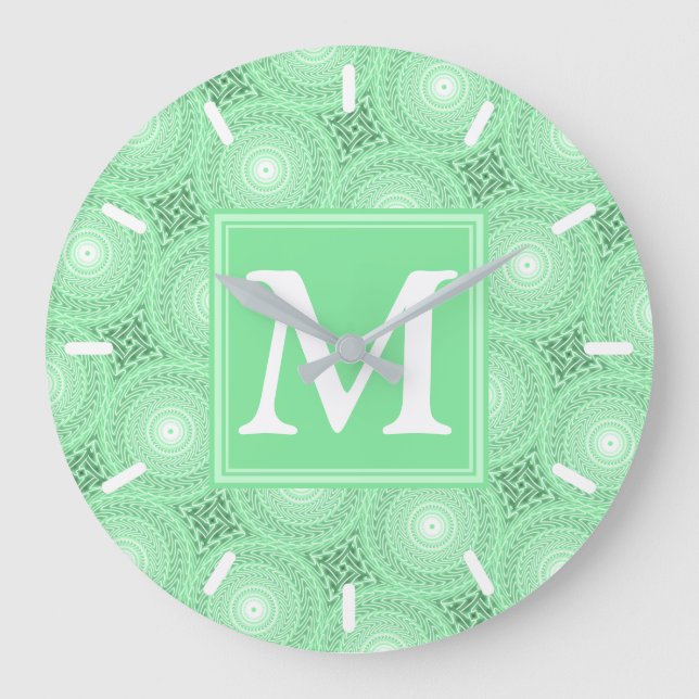 Monogram spring green circles pattern large clock (Front)