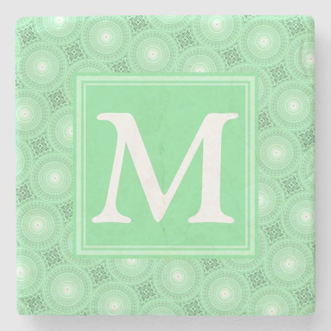 Monogram spring green circles pattern stone coaster (Front)