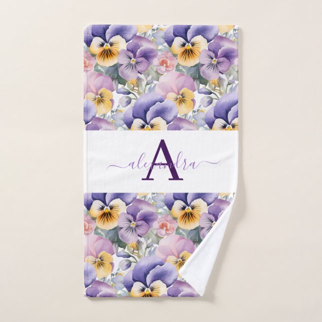Monogram Spring Pansy Pansies Towel Set (Serviette à main)