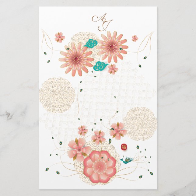 Monogram Spring Peach Flowers Garden Decor Custom Stationery (Front)