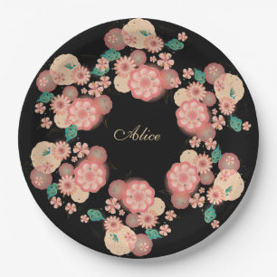 Monogram Spring Peach Flowers Garden Floral Boho Paper Plate