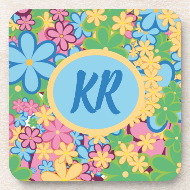 Monogram Springtime Summer 60s Flowers Pattern Coaster (Front)