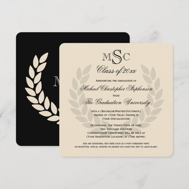 Monogram Square Classic Black College Graduation Invitation (Front/Back)