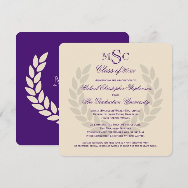 Monogram Square Classic Purple College Graduation Invitation (Front/Back)