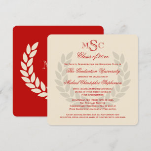 Monogram Square Classic Red College Graduation Invitation