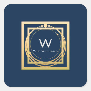 Monogram Square Golden Frame Minimal Blue Square Sticker
