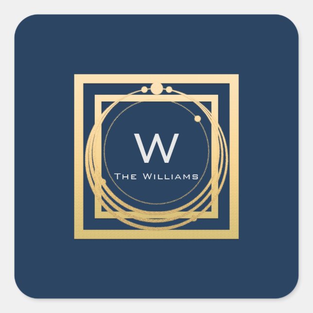 Monogram Square Golden  Frame Minimal Blue Square Sticker (Front)