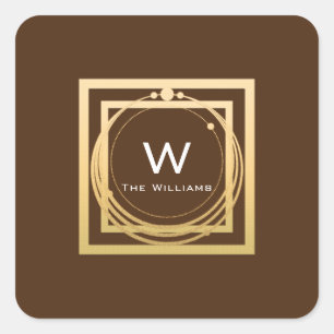 Monogram Square Golden Frame Minimal Brown Sticker