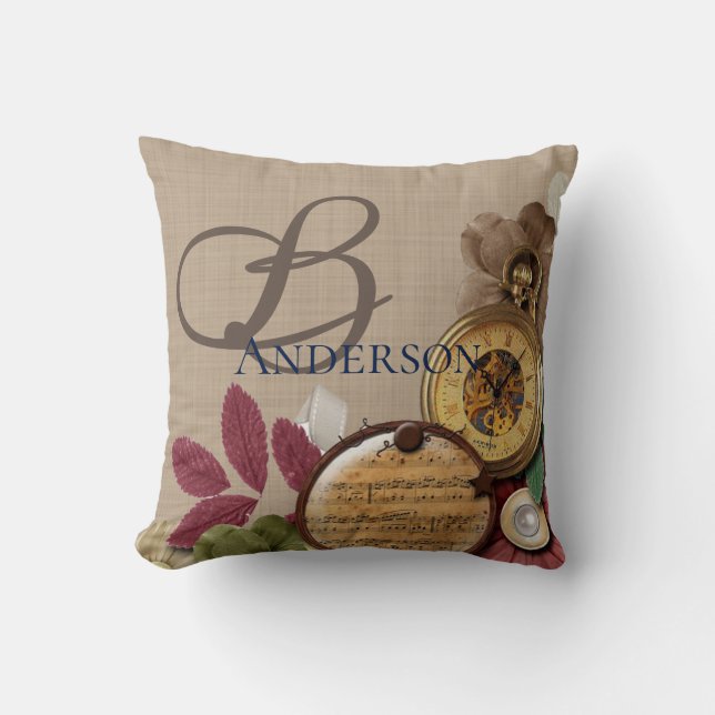 Monogram Steampunk Clock and Flowers Throw Pillow (Front)