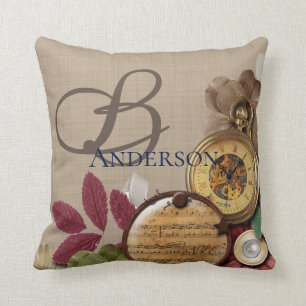 Monogram Steampunk Clock and Flowers Throw Pillow