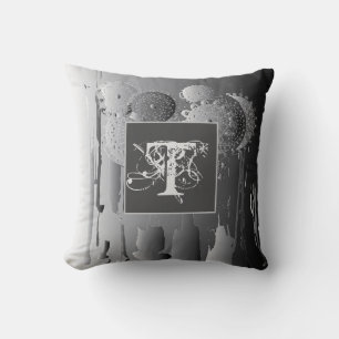 Monogram Steampunk Gradiant Grey w/Mandala Flowers Throw Pillow