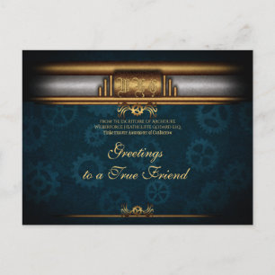 Monogram Steampunked Deco, brass and deep blue Postcard