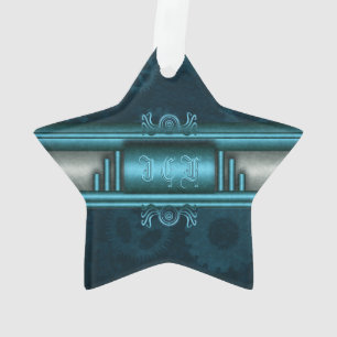 Monogram, Steampunked Deco on ice-blue and teal Ornament