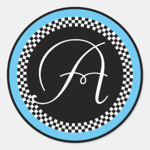 Monogram Sticker with Chequerboard Blue Border