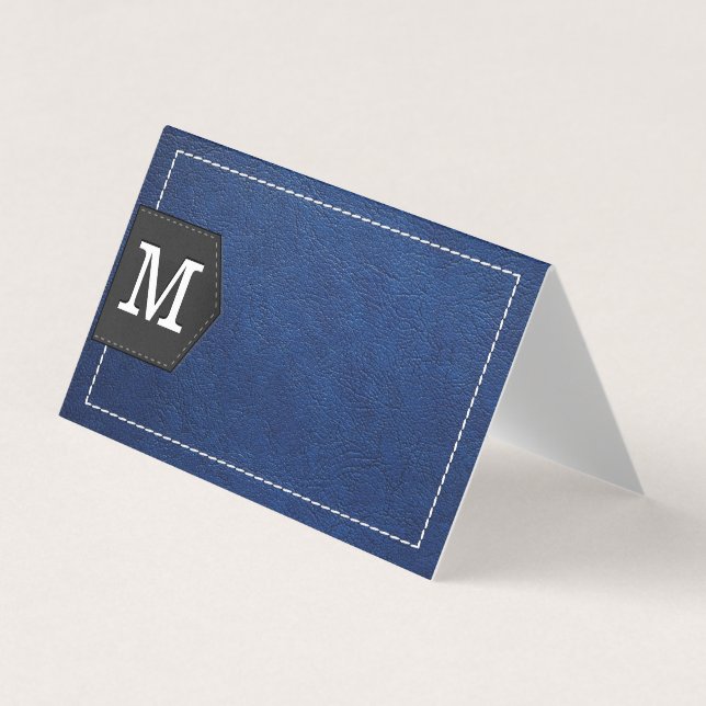 Monogram | Stitched Blue Leather and Patch Business Card (Front)