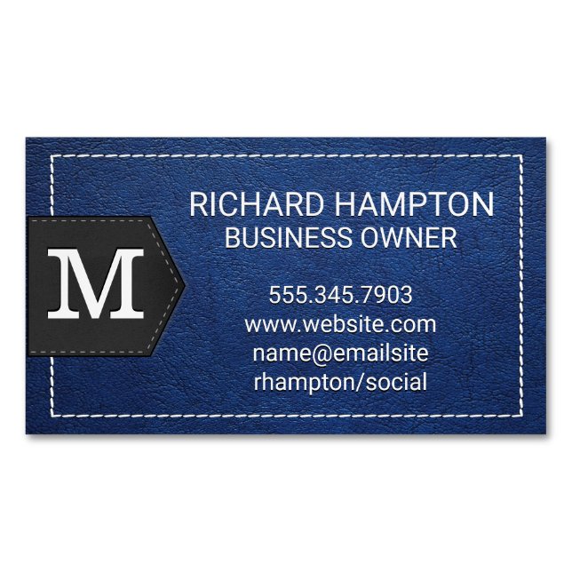 Monogram | Stitched Blue Leather and Patch Magnetic Business Card (Front)