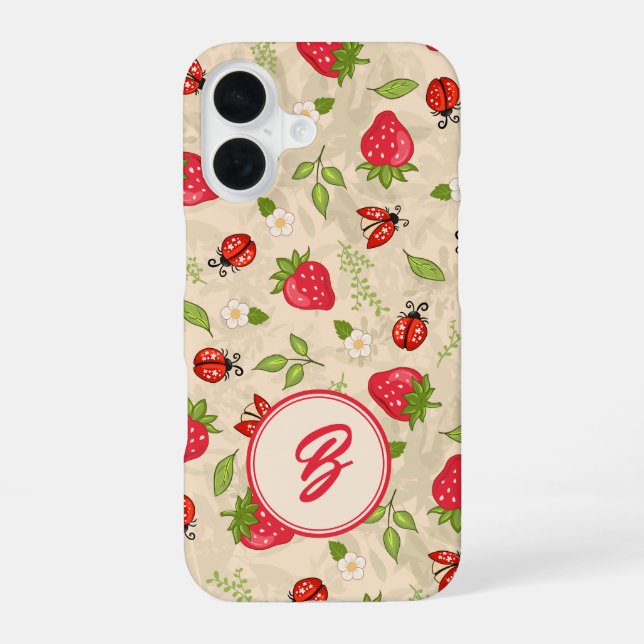 Monogram Strawberry Ladybug Pattern iPhone 16 Case (Back)