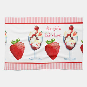 Monogram Strawberry Sundae Ice Cream Pink Stripes Kitchen Towel