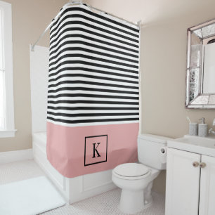 Monogram Stripe Shower Curtain - Black/Blush Pink