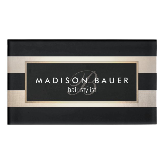 Monogram Striped Black Gold Beauty Salon Name Tag (Front)