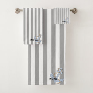 Monogram striped pattern with cute Anchor grey Bath Towel Set