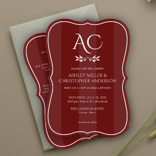 Monogram Striped Rosewood Red All-in-One Wedding Invitation