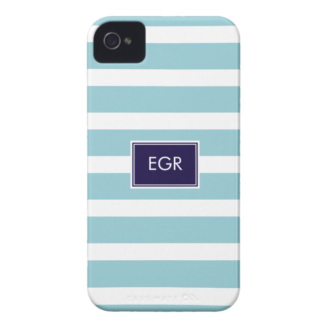Monogram Stripes iPhone Cases (Aqua/Navy) (Back)