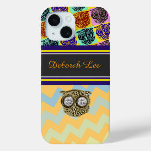 Monogram, Stripes & Owls iPhone 15 Case