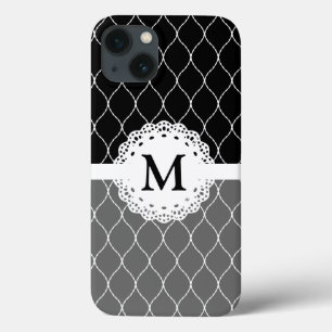 Monogram - Stylish Black and White Lace Pattern iPhone 13 Case
