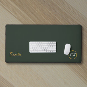 Monogram Stylish Gold & Forest Green  Desk Mat