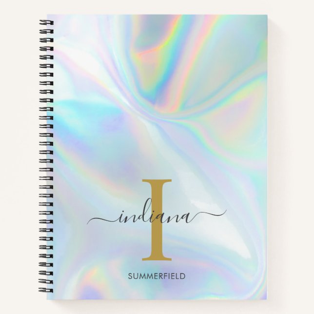 Monogram Stylish Holographic Custom Initial Name Notebook (Front)