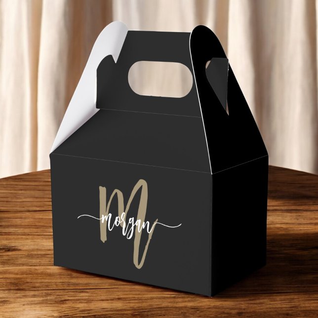 Monogram Stylish Modern Black Gold Favor Box (Creator Uploaded)