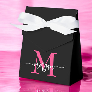 Monogram Stylish Modern Hot Pink Black Favor Box