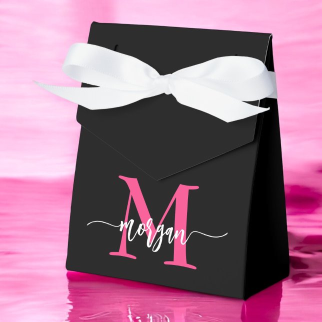 Monogram Stylish Modern Hot Pink Black Favor Box (Creator Uploaded)