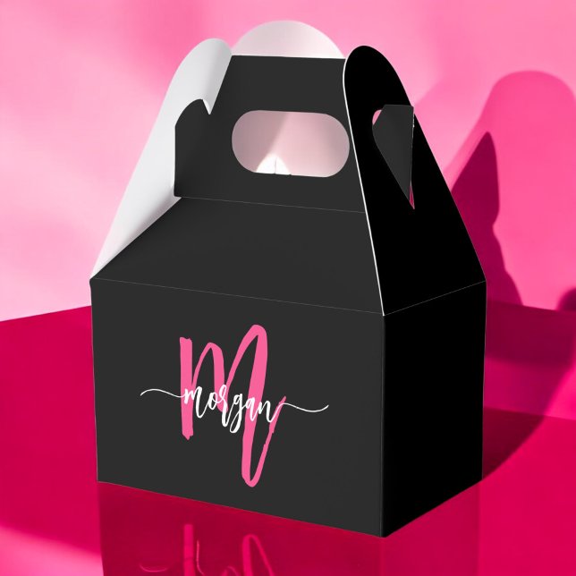Monogram Stylish Modern Hot Pink Black Favor Box (Creator Uploaded)