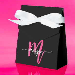 Monogram Stylish Modern Hot Pink Black Favor Box