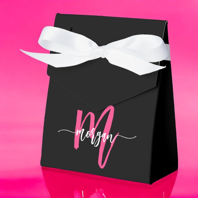 Monogram Stylish Modern Hot Pink Black Favor Box (Creator Uploaded)