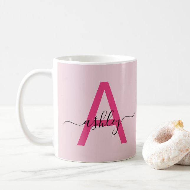 Monogram Stylish Modern Hot Pink Coffee Mug (With Donut)