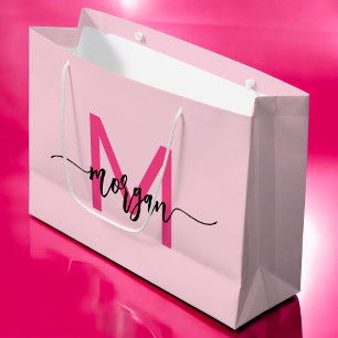 Monogram Stylish Modern Hot Pink Large Gift Bag