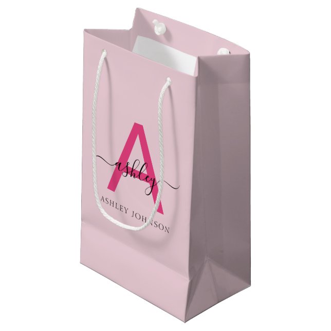 Monogram Stylish Modern Hot Pink Small Gift Bag (Front Angled)