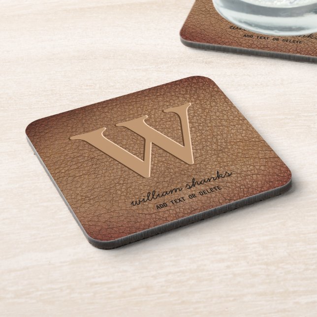 Monogram stylish rustic leather black gold script coaster (Left Side)