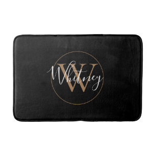 Monogram Stylish Script Name Gold Black Bath Mat