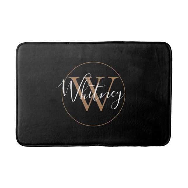 Monogram Stylish Script Name Gold Black  Bath Mat (Front)