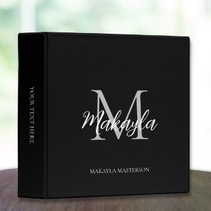 Monogram Stylish Script Office School Black Binder