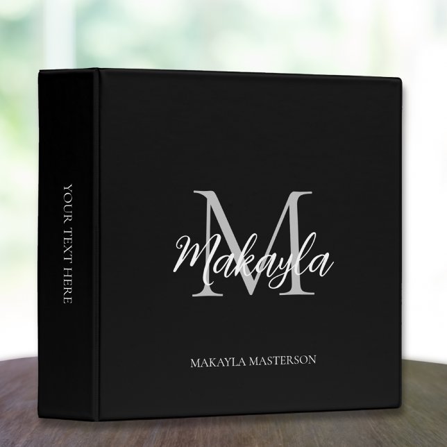 Monogram Stylish Script Office School Black Binder (Creator Uploaded)