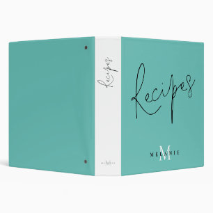 Monogram Stylish Script Teal Recipe Binder