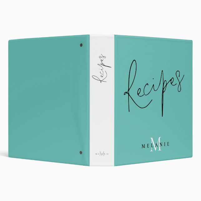 Monogram Stylish Script Teal Recipe Binder (Background)