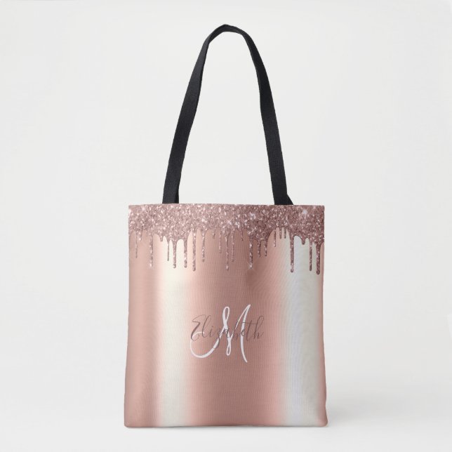 Monogram Stylist Rose Gold Gitter Drips Metal Tote Bag (Front)